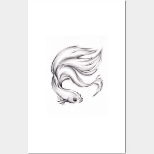 River Belle - Charcoal Pencil Drawing of a Siamese/Betta Fighting Fish Posters and Art